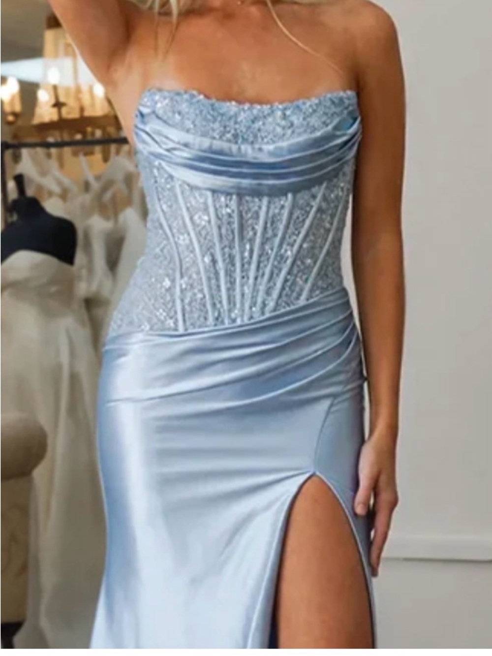 One-Shoulder Satin Prom Gown in Light Blue with Lace Corset